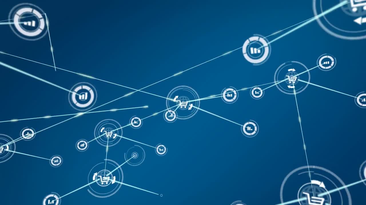 animación de la red de conexiones con iconos sobre fondo azul