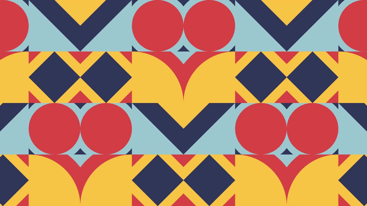 In a warm color palette, a retro mosaic with geometric dynamic tiles. In a classic flat style, a seamless loop motion graphic animation