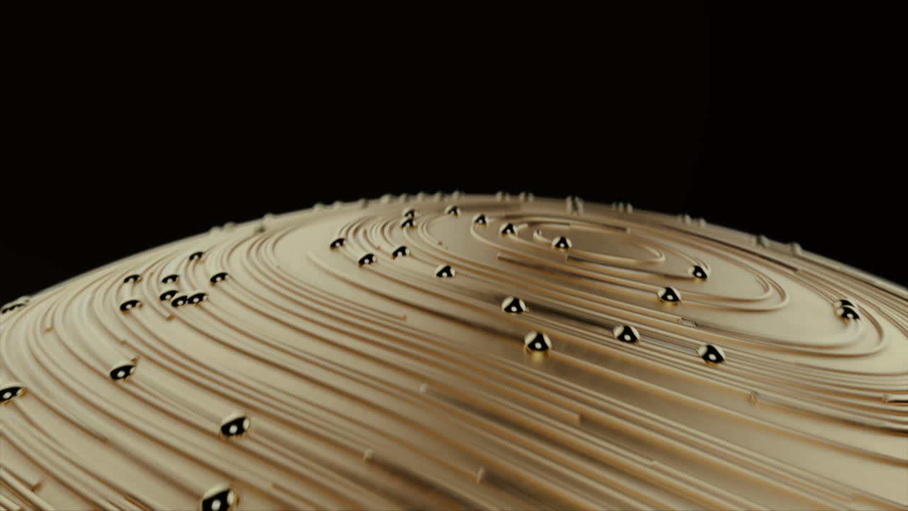 Flying over golden ball with circular topographic animated lines and particles on black background