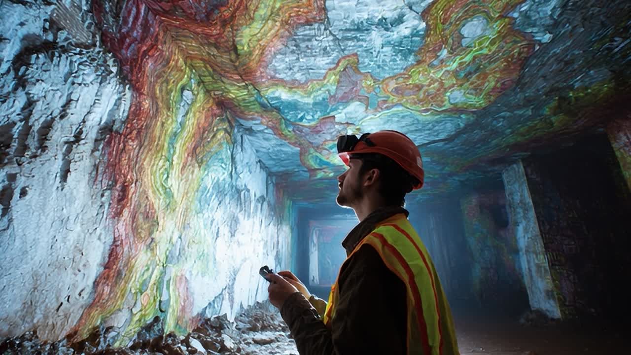 Miner explores colorful rock formations in underground cave system