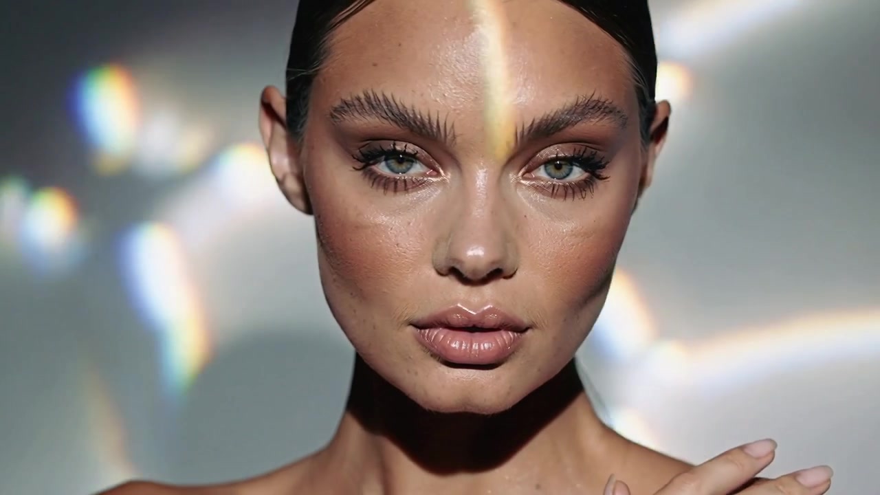 Posing strapless model tilting head lowering hand with prism light shifting in studio showing rings