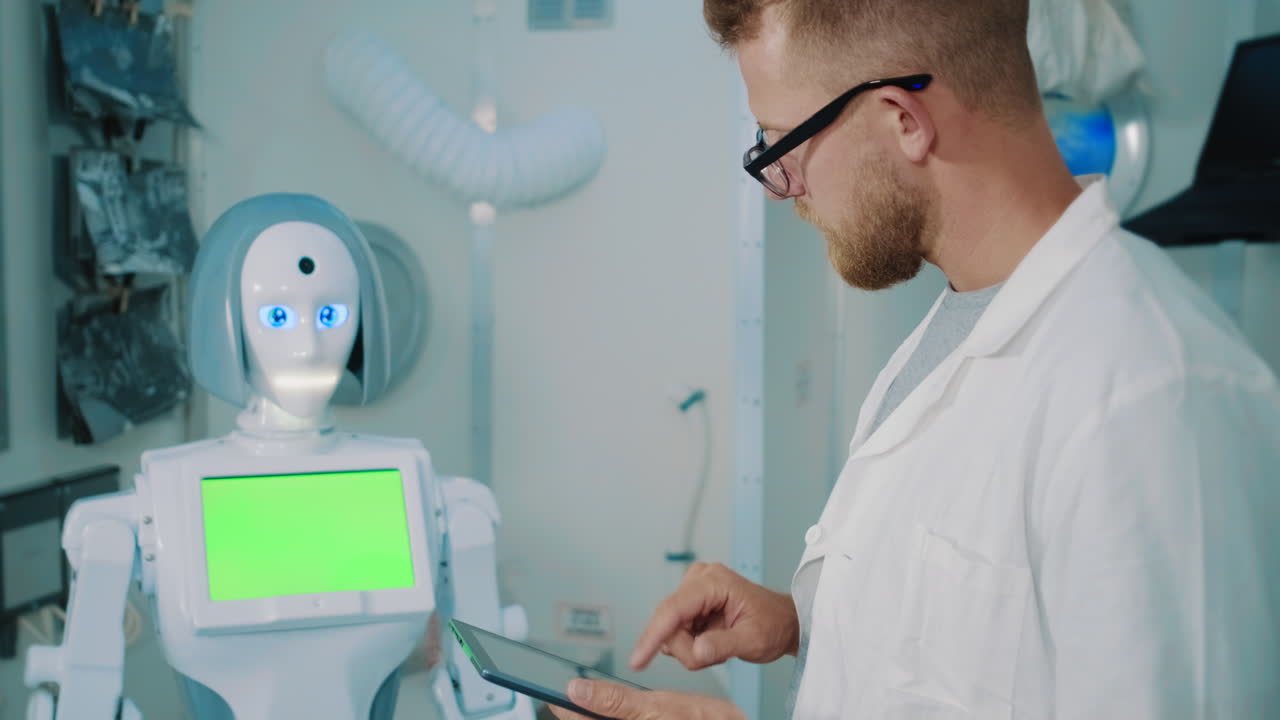 científico interactuando con un robot en un laboratorio