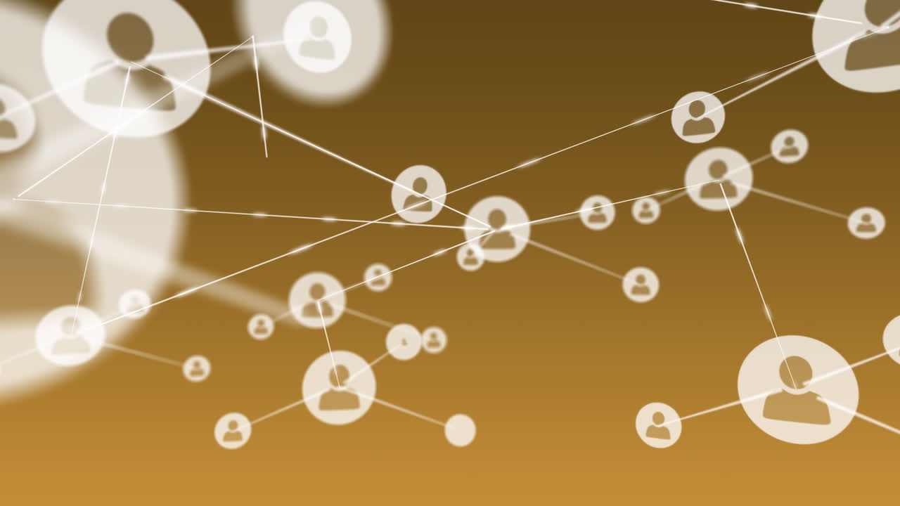 노란색 배경 위에 있는 사람 아이콘과 연결된 네트워크의 애니메이션