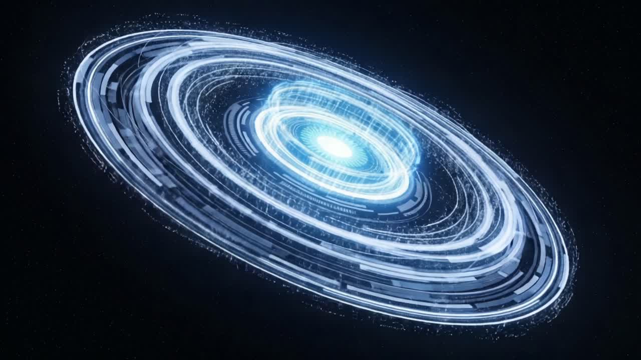 A Futuristic Representation of a Cosmic Structure Featuring Dynamic Light Effects and Rotating Rings, Illustrating The Beauty of Space and Technology in Harmony
