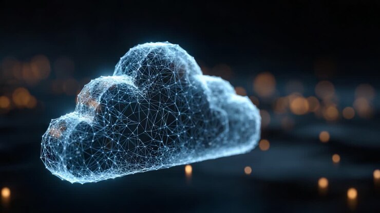 A Stunning Visualization of a Digital Cloud Forming with Luminous Light and Intricate Network Patterns, Representing the Concept of Cloud Computing and Data Storage in a Modern Context
