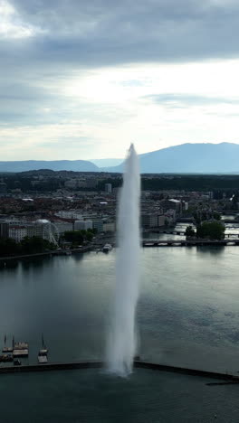 Vertical, aerial: pull out drone shot close to water fountain of Geneva during the day (Rade of Geneva) in canton of Geneva, Switzerland