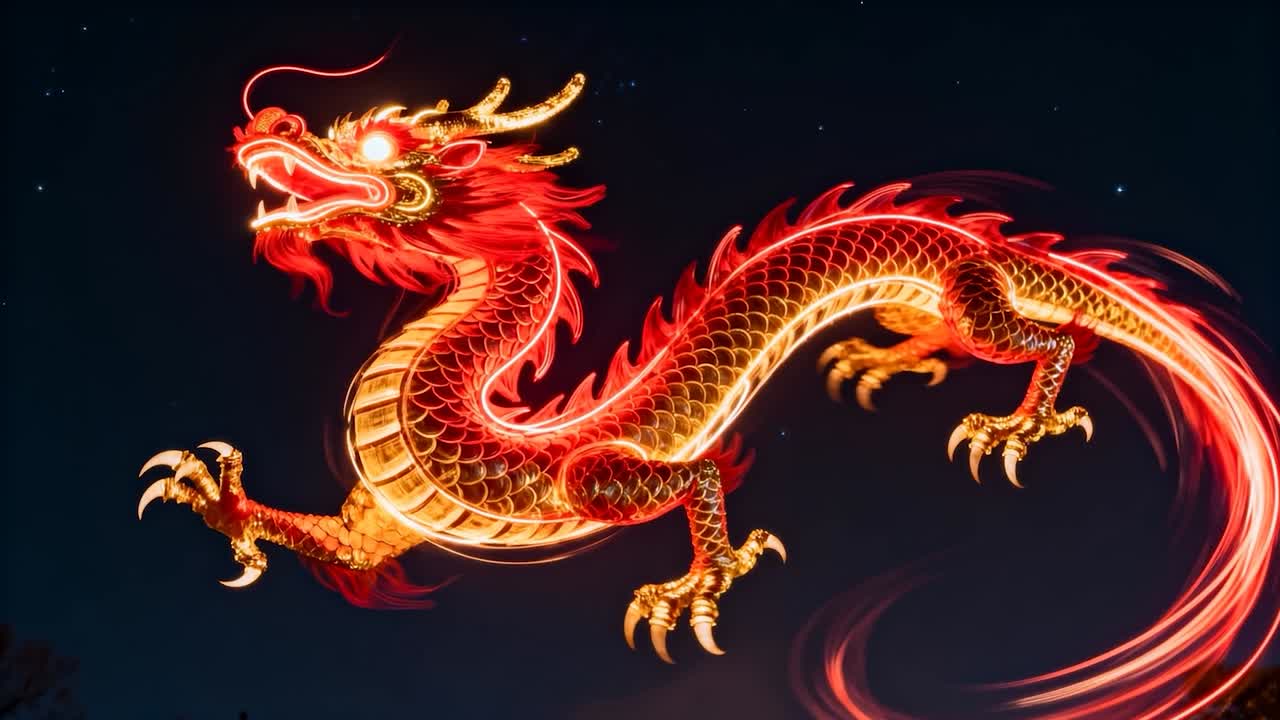 Images progressives montrant un dragon chinois ondulant dans le ciel nocturne avec des étoiles, des arbres et une queue arquée