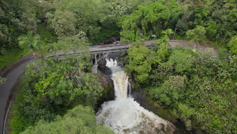 aerial shot of waterfall under old concrete road bridge