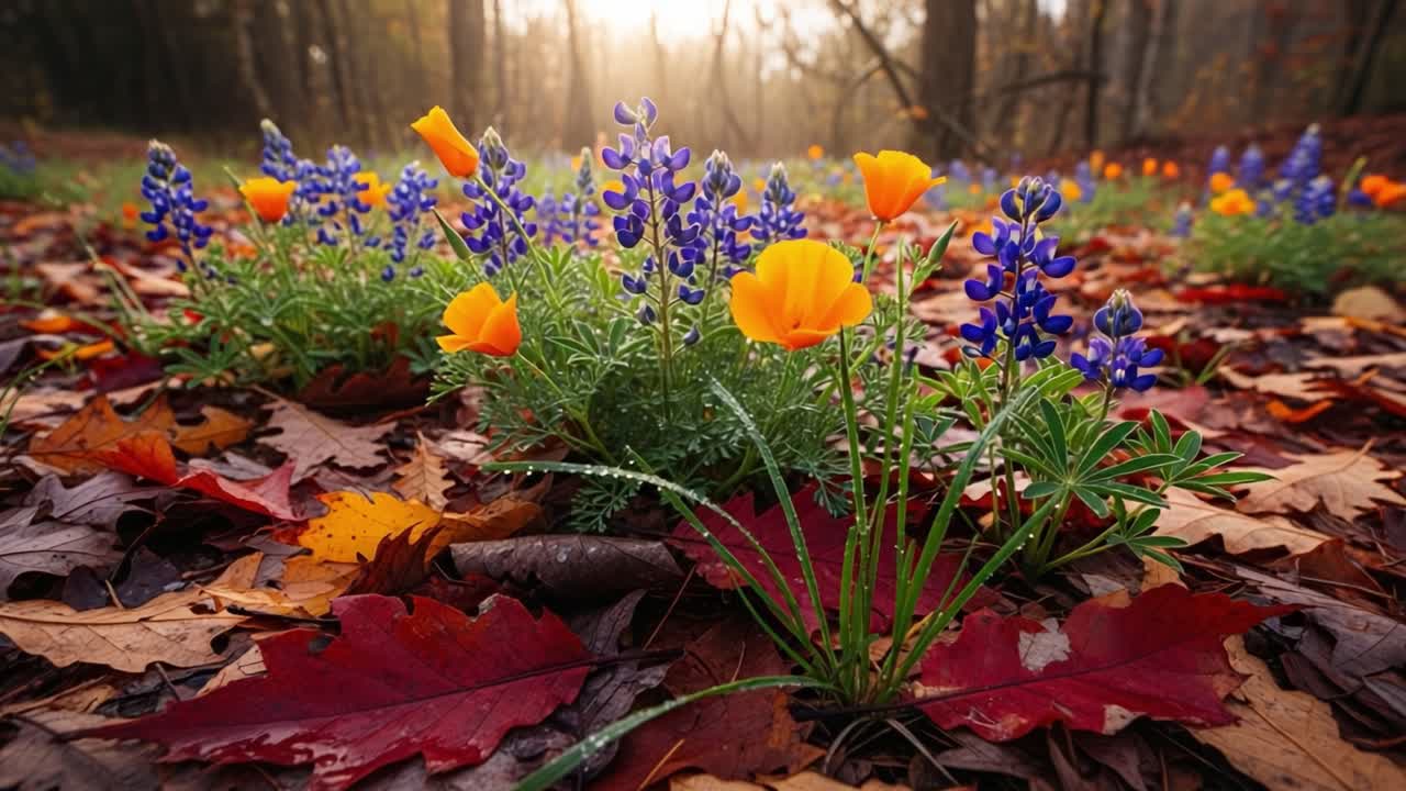 A Beautiful Forest Floor Covered with Vibrant Wildflowers and Colorful Autumn Leaves in a Serene Natural Setting at Dawn