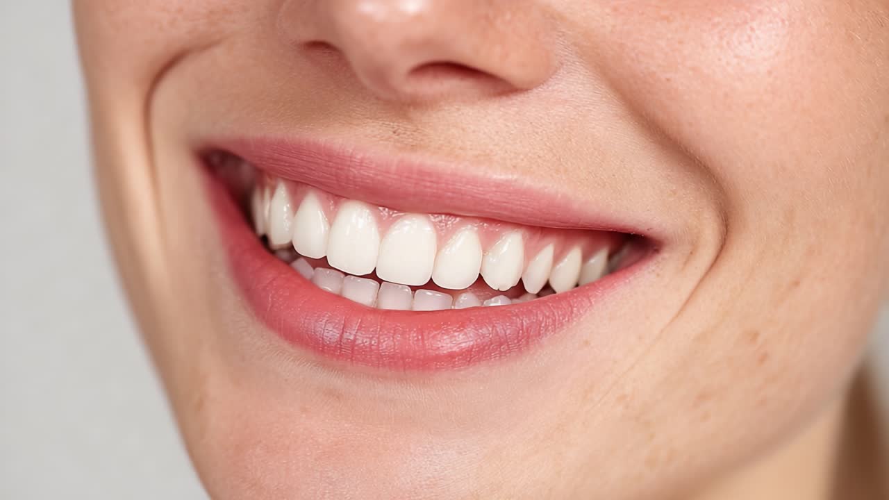 Primo Piano Affascinante di un Sorriso Luminoso Che Mostra Denti Radiosi e Bianchi e Gengive Sane con Luce Naturale, Sottolineando l'Importanza della Cura Dentale e dell'Igiene Orale.