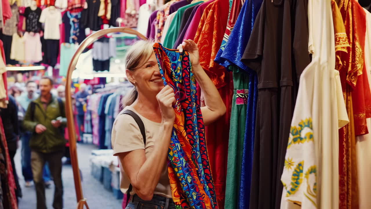 Woman browsing colorful clothes at a market