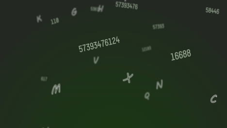 animación de números y letras que cambian sobre un fondo verde