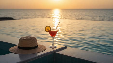 a serene sunset view featuring a refreshing cocktail and a stylish hat, perfectly capturing the essence of relaxation and tranquility by the ocean's edge.