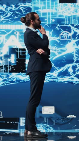vertical video professional leader looking around at ai neural networks system