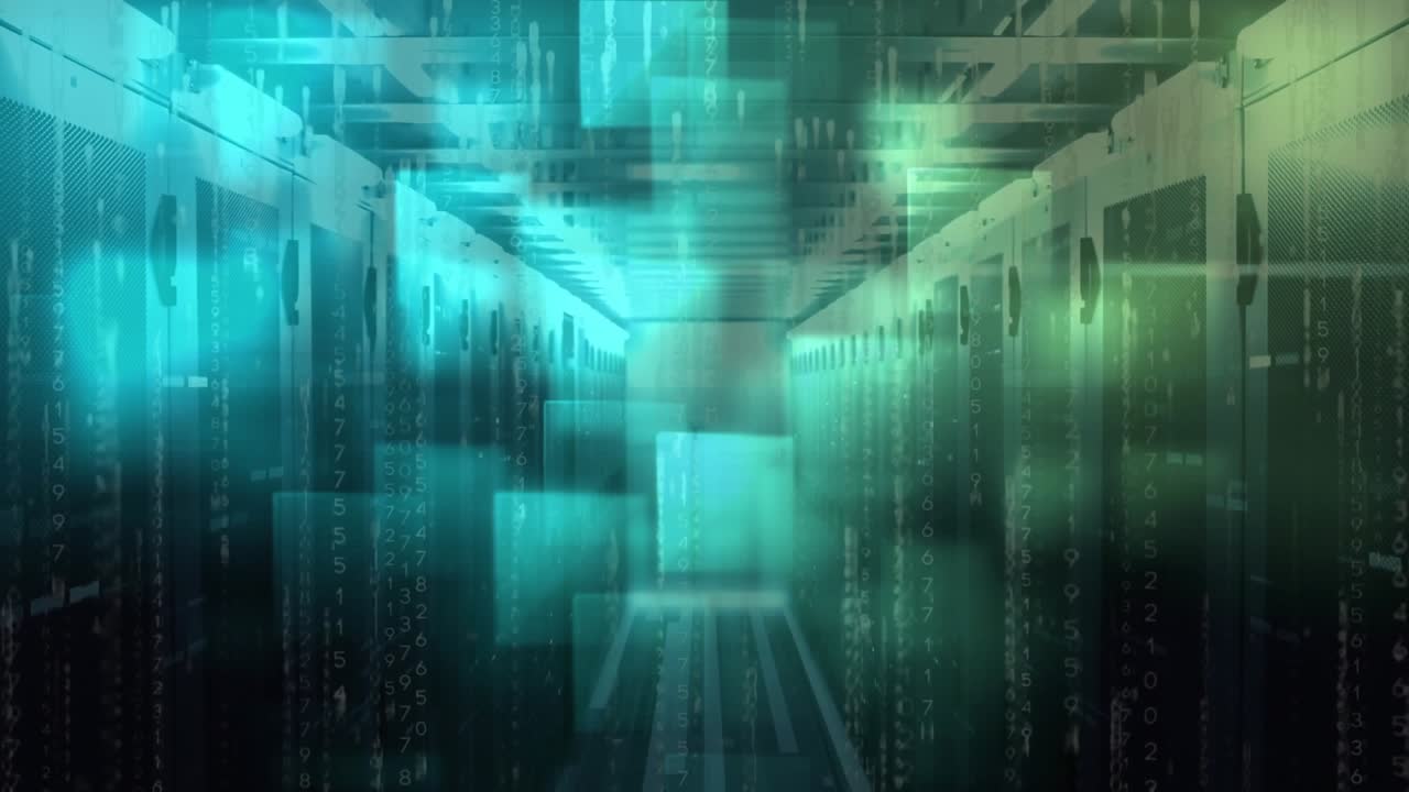 Animation of squares over falling numbers and bars against server room in background