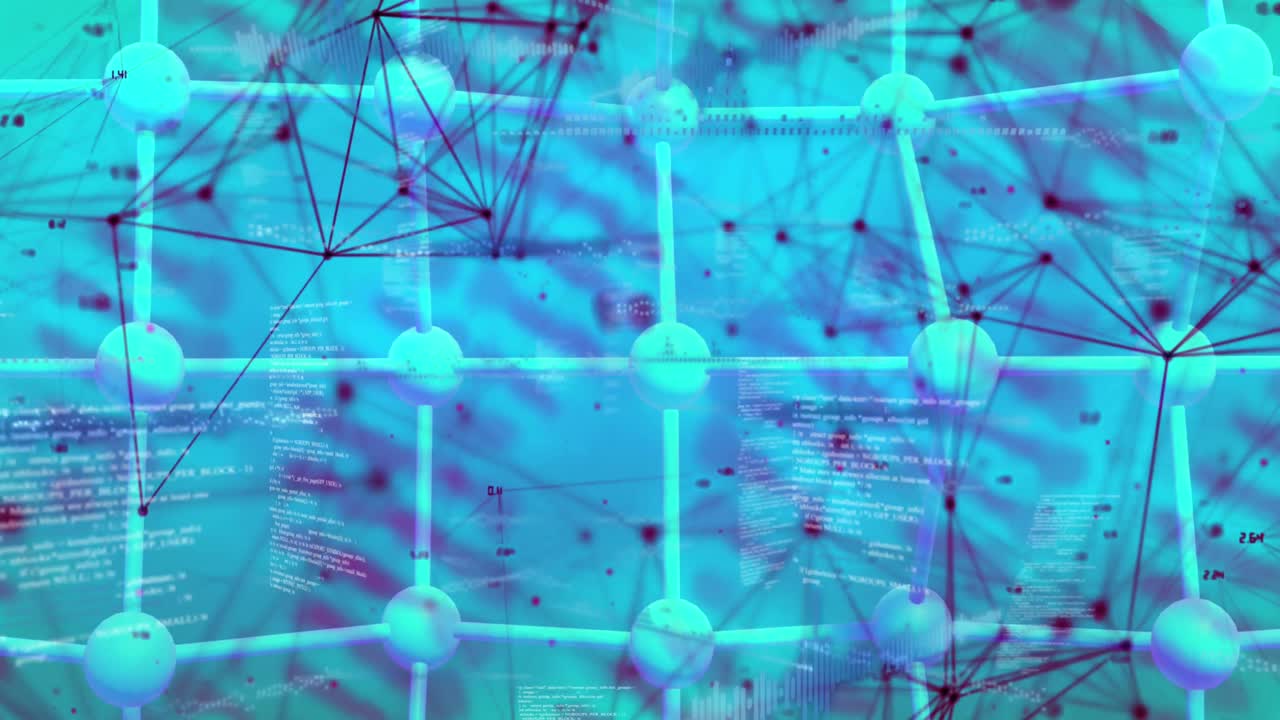 기하학적 모양을 형성하는 연결된 점의 애니메이션, dna 나선, 파란색 배경에 망 패턴