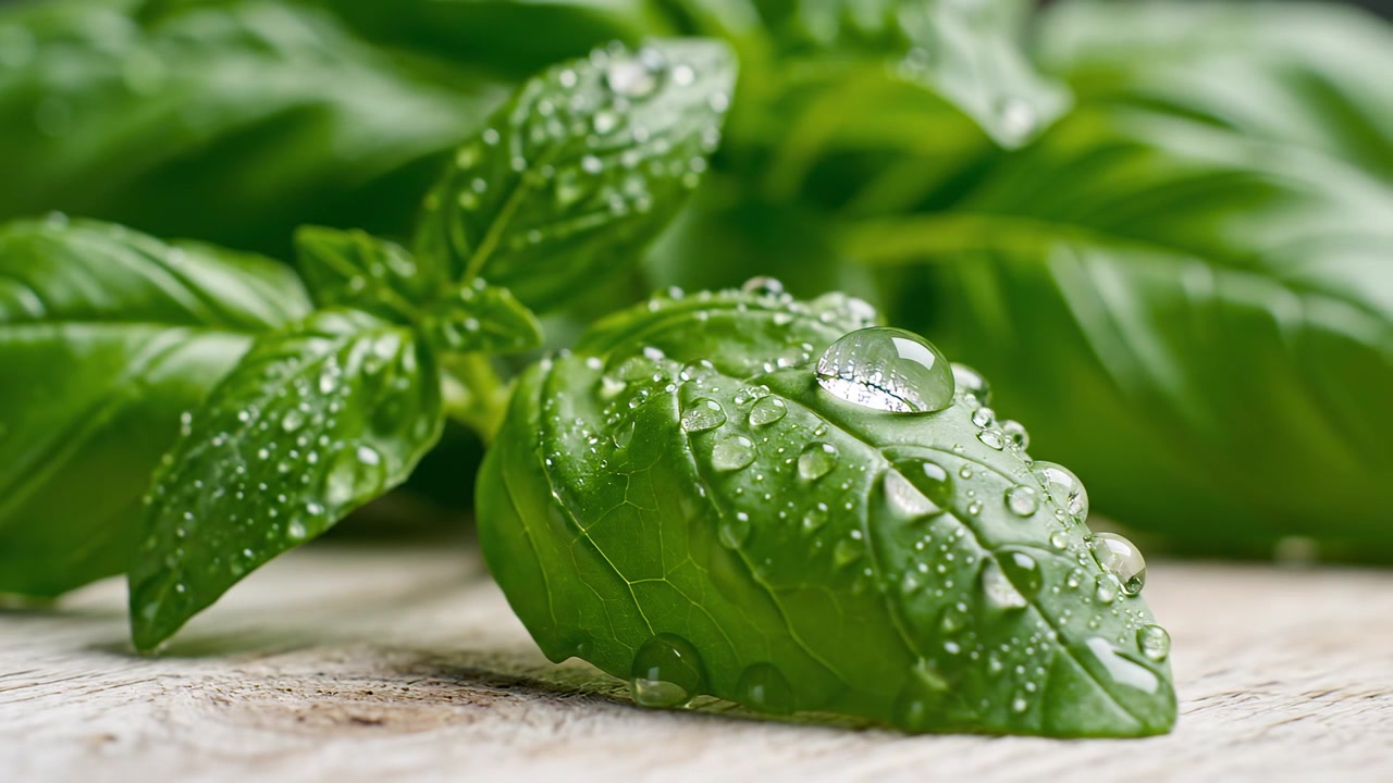 Foglie di basilico verde fresco con goccioline d'acqua su superficie di legno