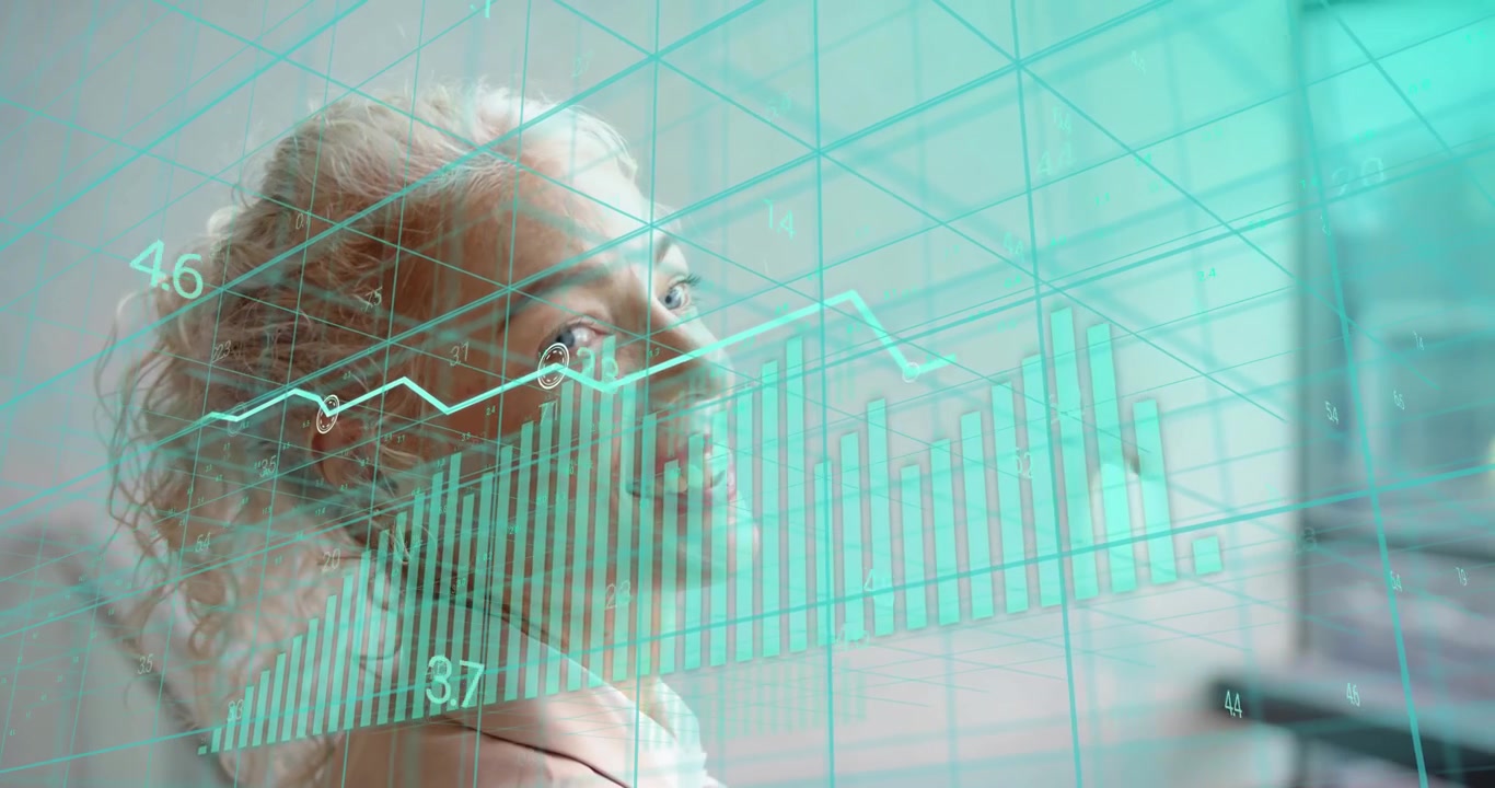 Business woman activating 3D grid and number overlays and monitoring bar chart trends smiling