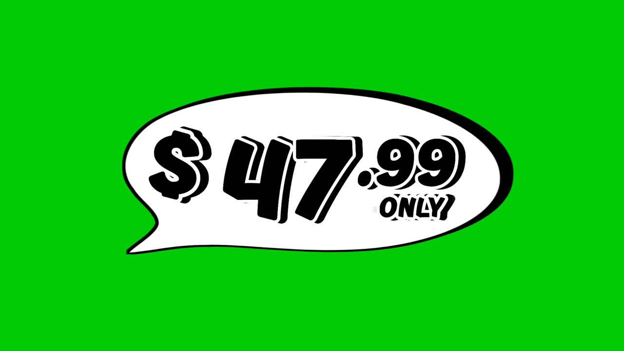 Grafica in movimento con cartellino del prezzo animato a 47,99 $ in un fumetto su sfondo verde. Perfetto per annunci pubblicitari, e-commerce, vendita al dettaglio, sconti ed elemento video per il concetto di business promozionale
