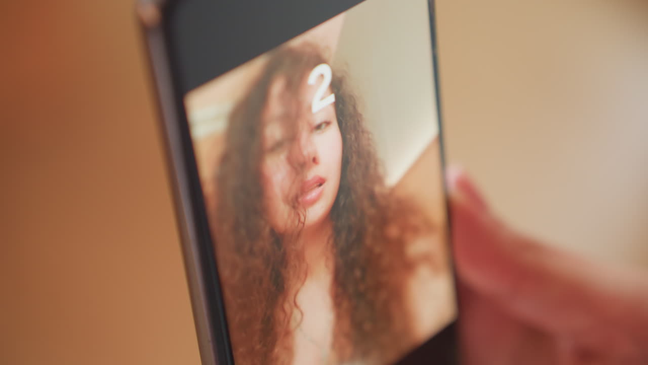 Giovane donna che si scatta un selfie con il telefono. Illuminazione calda e soffusa, capelli ricci che incorniciano il viso. Lo schermo dello smartphone mostra il conto alla rovescia e le foto catturate. Espressioni giocose e lievi inclinazioni del capo.