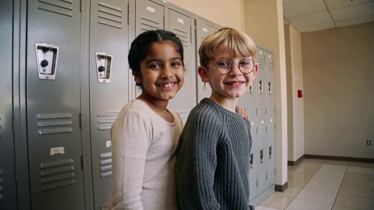Reaching girl placing hand on boy's shoulder, supporting, turning and smiling at school lockers