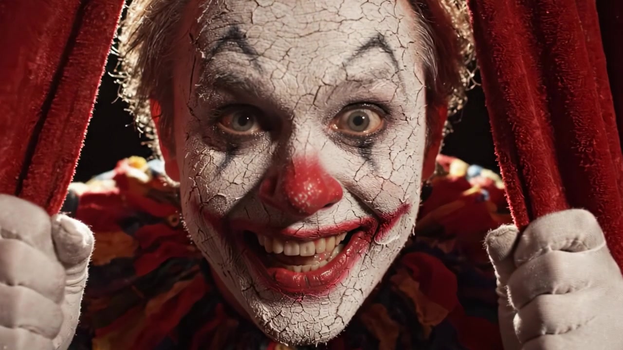 A Joyful Clown Reveals Himself Behind Red Velvet Curtains, Eager to Entertain an Excited Audience with Humor, Laughter, and Colorful Performance Artistry.