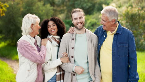 Laughing,-face-and-parents-with-children-in-nature