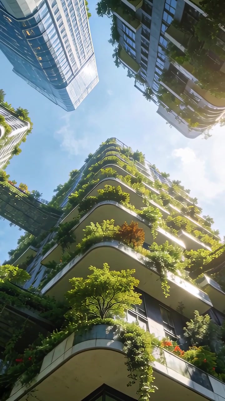 Video vertical: Cámara base paneando hacia arriba pasando una torre verde en la ciudad, resaltando un jardín vertical.