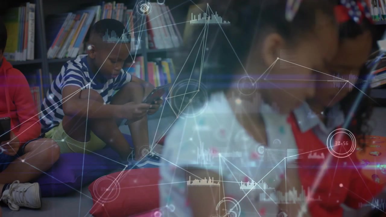 Students sitting in library boy raising device causing HUD overlay growing around devices for study