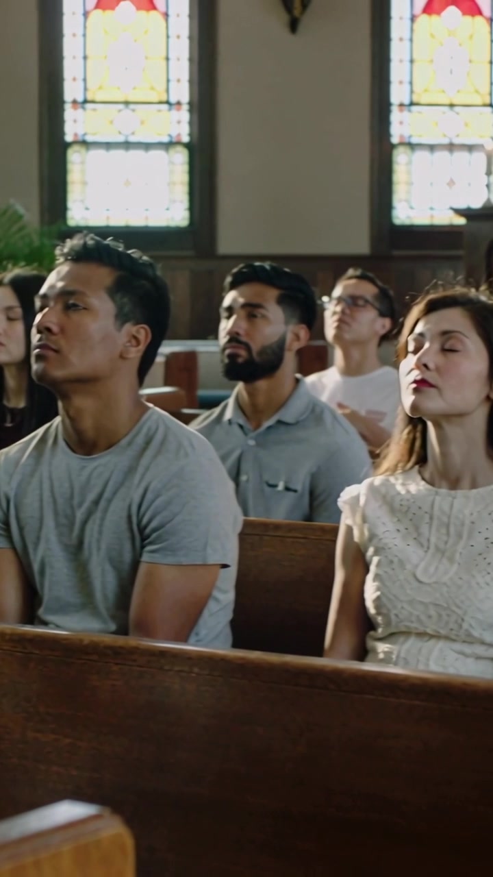 Vertical video: Watching Asian woman in blouse tilting head and listening during worship with pews