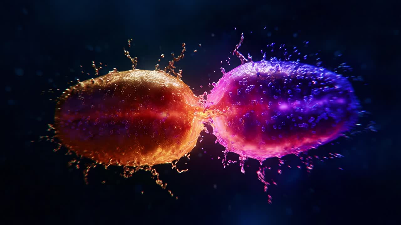 A Stunning Visual Representation of Molecular Fusion: Two Vibrant Bubbles Merging with Splashes of Water, Signifying Unity, Transformation, and Energy Exchange in a Dynamic Framework
