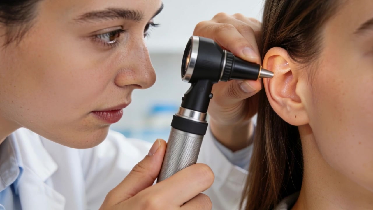 Clinico chinato che indossa un camice bianco, inizia un esame dell'orecchio in clinica, tenendo un otoscopio acceso all'orecchio.