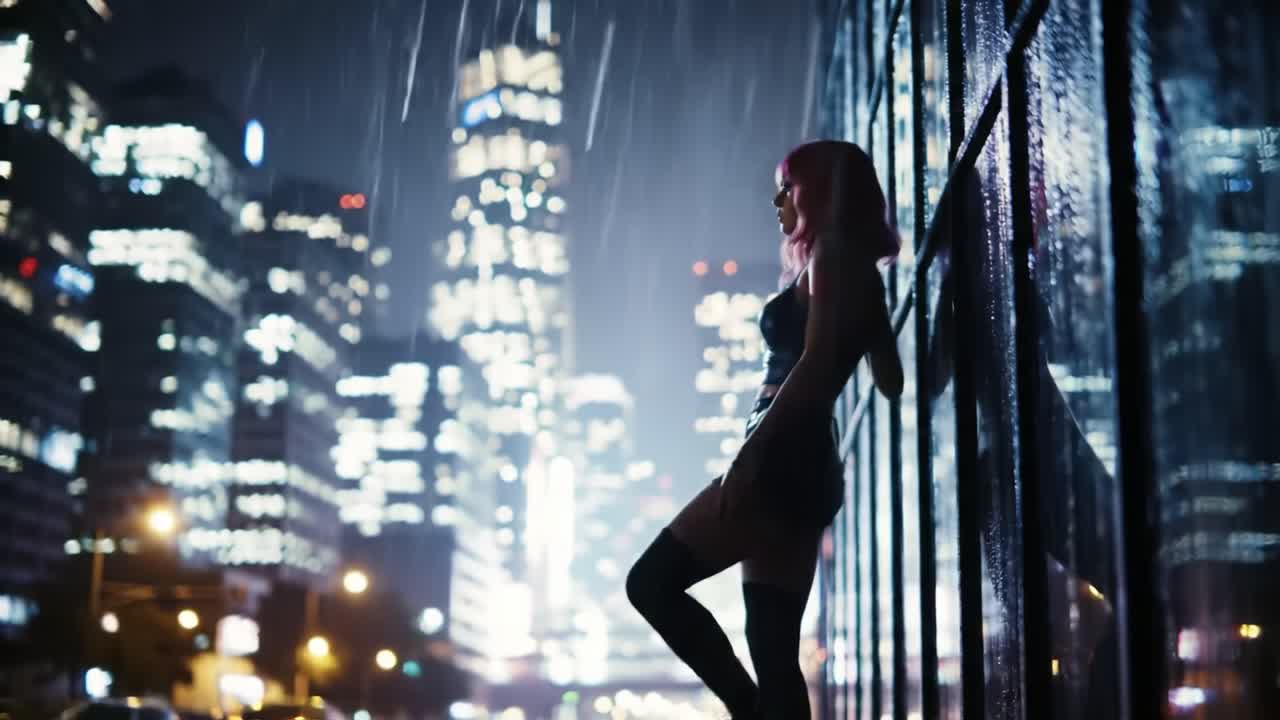 A Stunning Nighttime Cityscape: A Solo Figure with Pink Hair Posing Elegantly Against a Rain-Drenched Urban Backdrop of Glimmering Skyscrapers