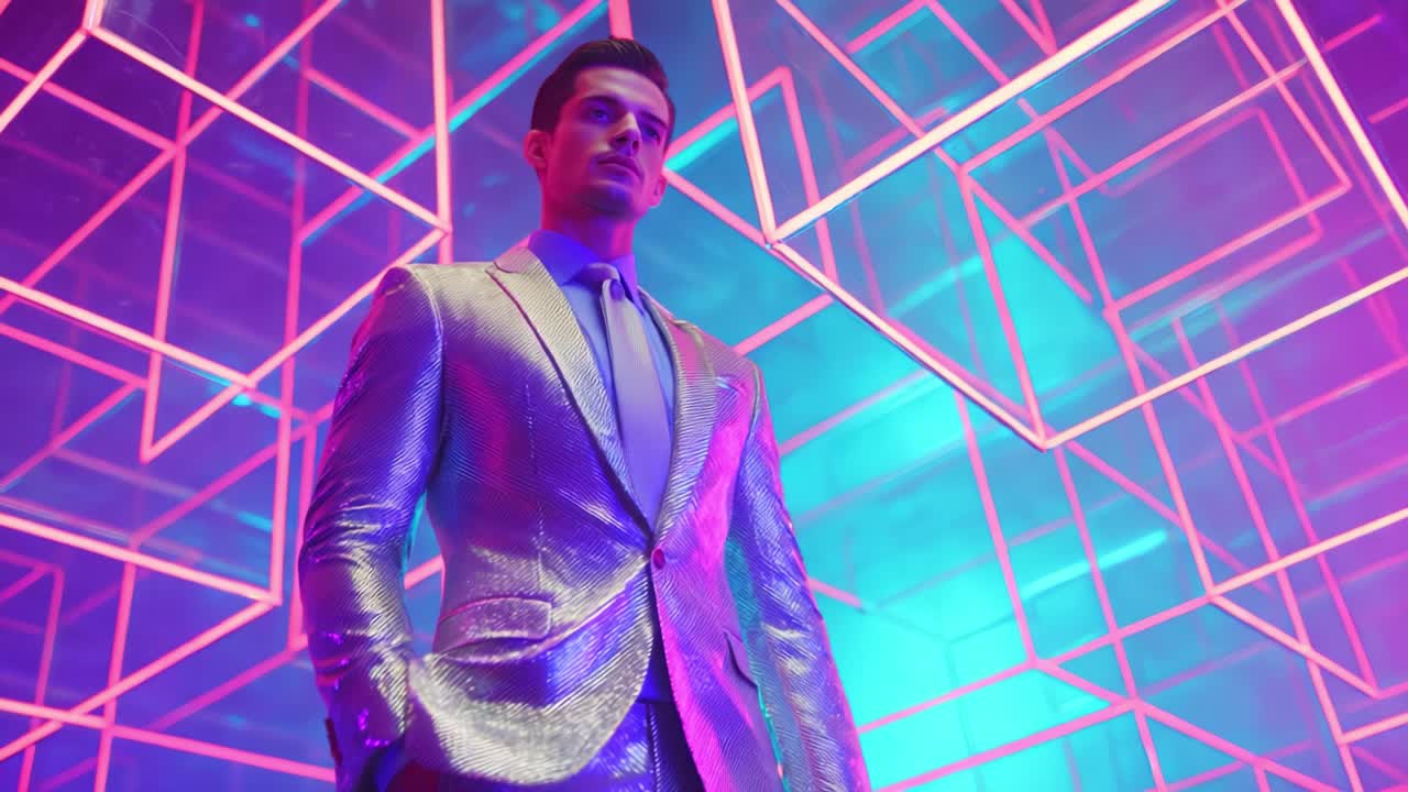 A confident man in a stylish, shimmering suit stands amidst a modern, colorful geometric backdrop. The vibrant lights create a mesmerizing atmosphere, enhancing the fashion statement he embodies