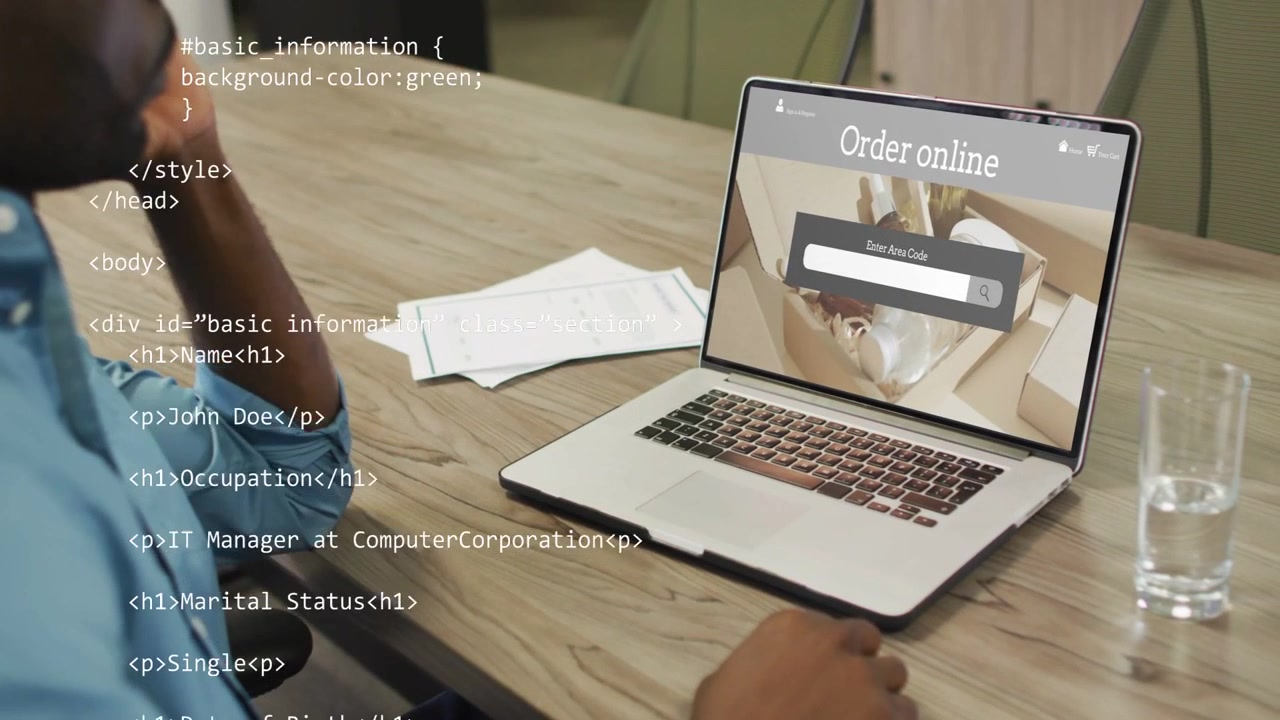 Man leaning in and resting chin, reviewing profile on laptop, causing HTML or CSS IT overlay scrolli