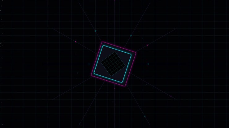 Abstract Digital Interface with Rotating Neon Square Grid