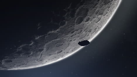 partial cinematic view of the moon when an asteroid or meteor enters lunar orbit