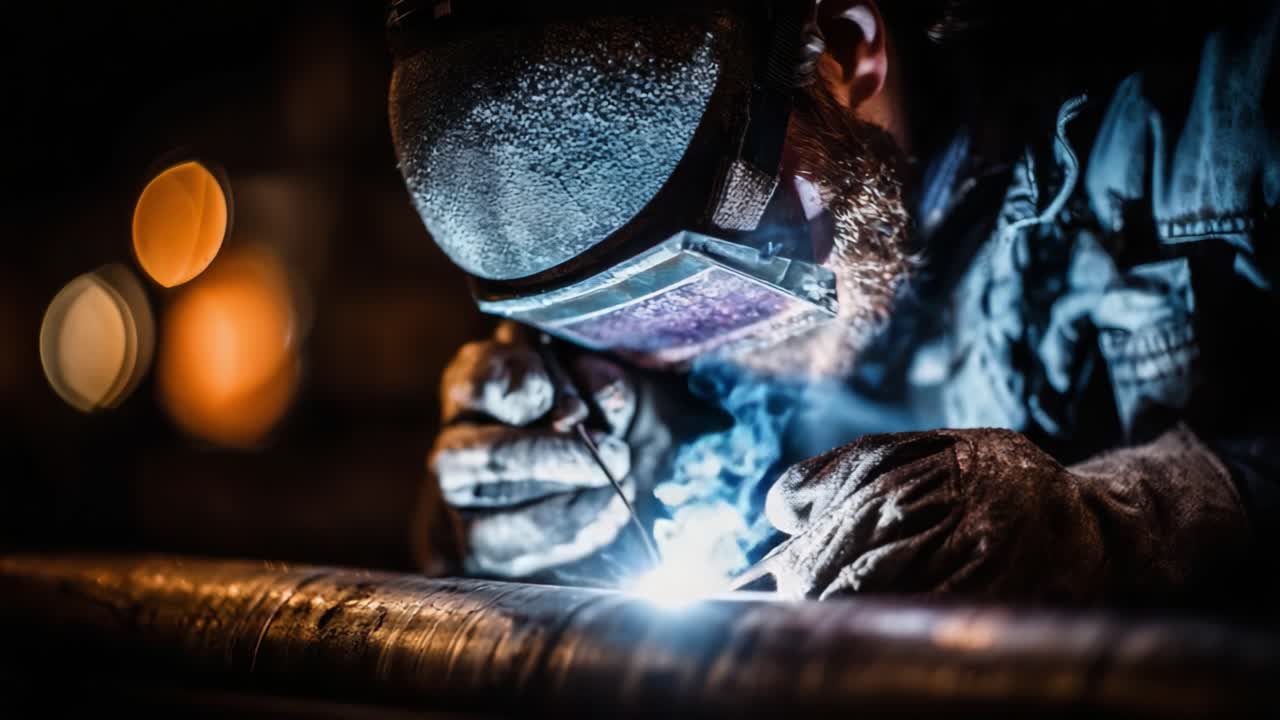 A skilled welder focuses intently on his craft, meticulously shaping metal with bright sparks flying, showcasing the art and precision of welding in a darkened workshop environment