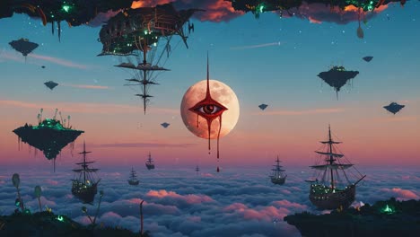 a stunning surreal landscape with floating ships and a mystical eye before a luminous moon, depicting an otherworldly fantasy scene in vibrant colors and dreamlike clouds