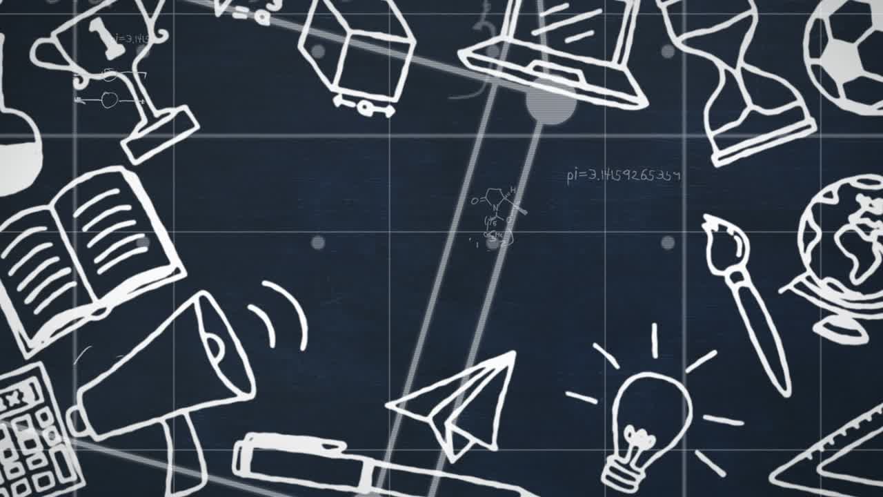 Animation of icons and math formulas on navy background