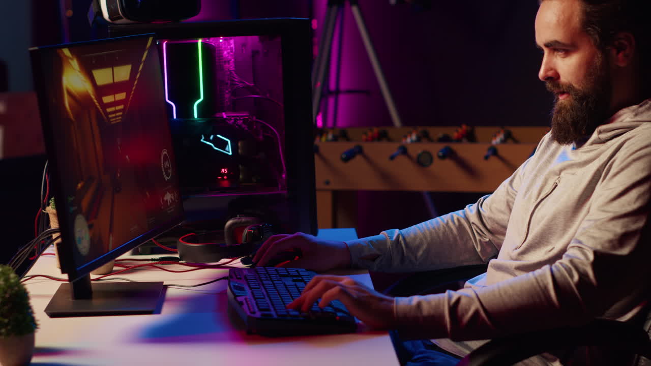 Gamer shooting other players with futuristic gun laser bullets in PvP online multiplayer game