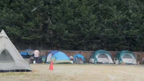 homeless people living in tents at the park - coronavirus crisis - wide shot