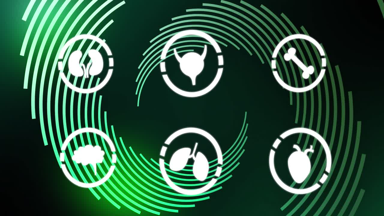 인체 아이콘의 애니메이션은 초록색 배경에 선으로 표시됩니다.