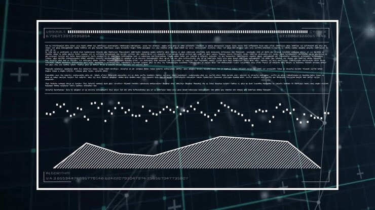 Animation of digital data processing over grid on dark background