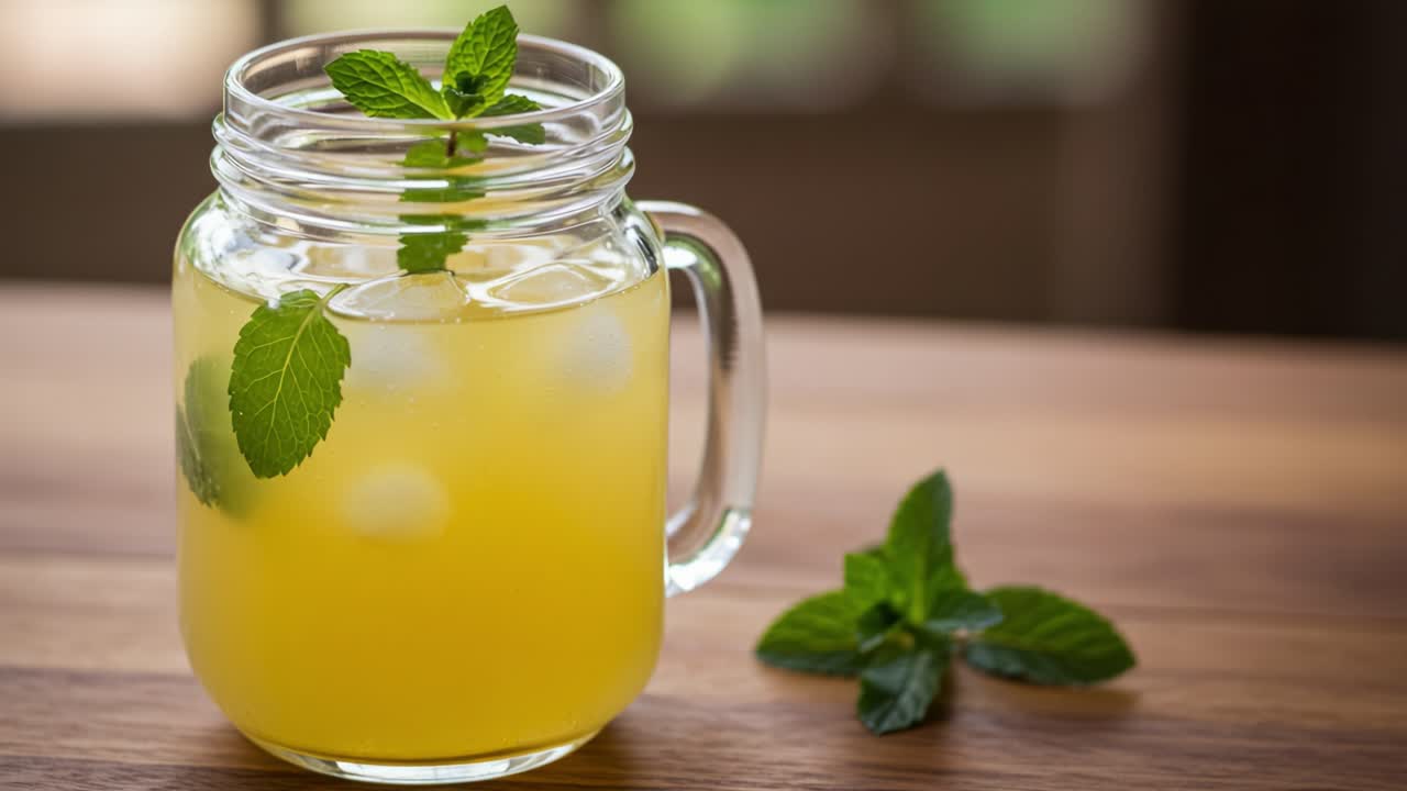 Refreshing Citrus Beverage with Mint Leaves in a Clear Mason Jar Set Against a Natural Wooden Background, Perfect for Quenching Thirst on Hot Days