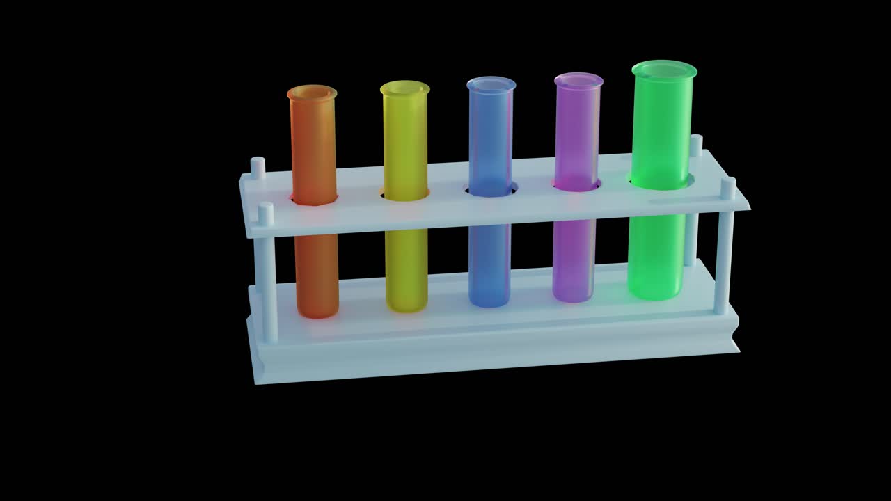 3D rendering of colorful test tubes in rack on black background