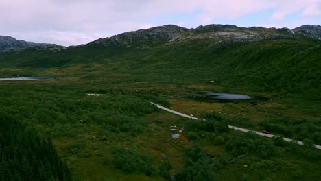 Aerial-shot-over-natural-landscape-with-grass-forest-tree-landscape-in-Lofoten-Northern-Norway-Europe-with-road-winding-through-it-with-lakes-and-green-yellow-sights-in-summer