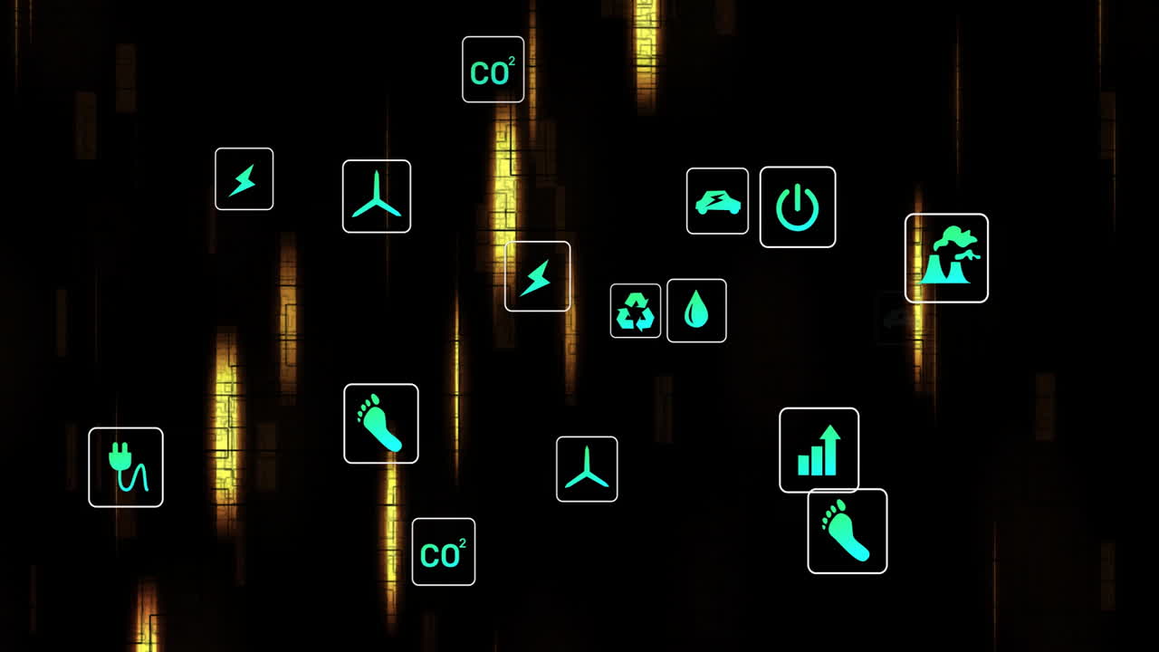 Animation of eco icons and data processing over black background