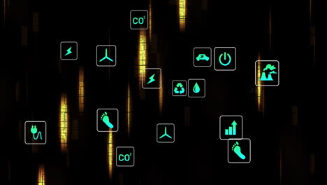 animation of eco icons and data processing over black background