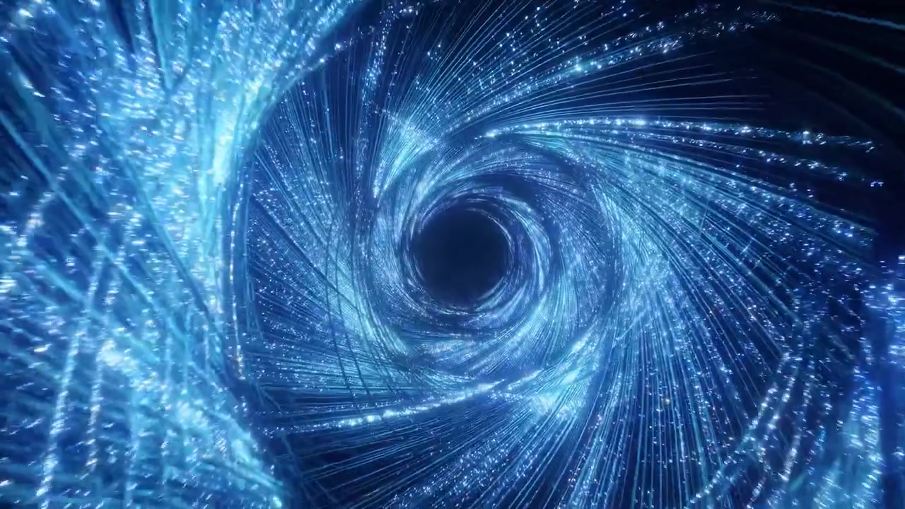 Abstract blue tunnel of light and particles spiraling toward a dark center, creating a sense of depth, speed, and futuristic motion on a dramatic black